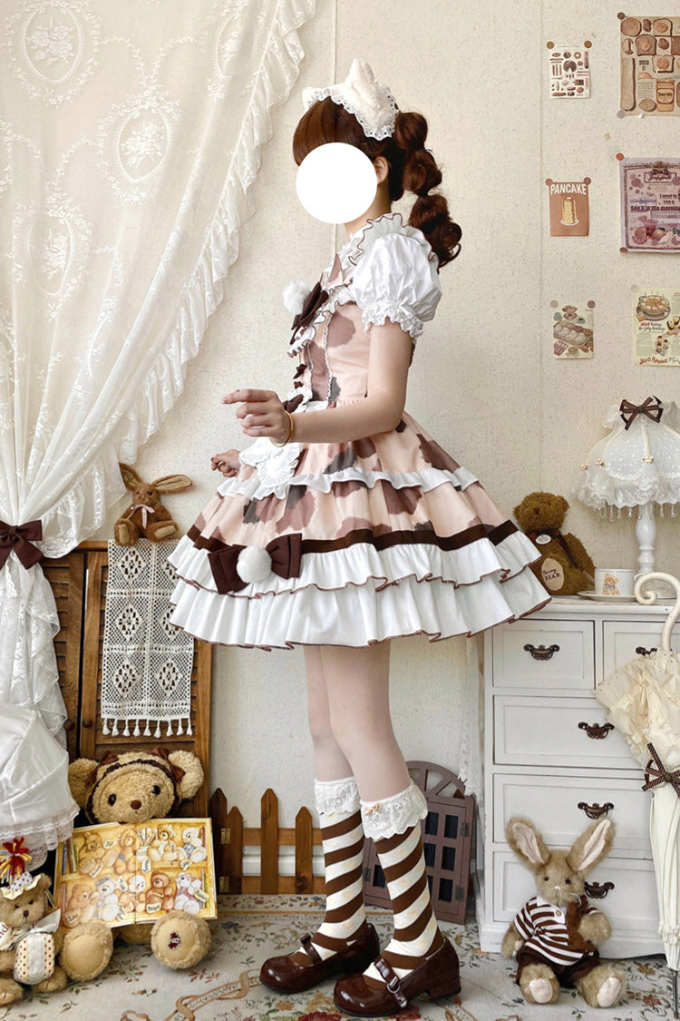 Brown [Calico Cat] Sleeveless Triple-Layered Printed Ruffled Bow Plush Sweet Lolita Jsk Dress - Product - 6
