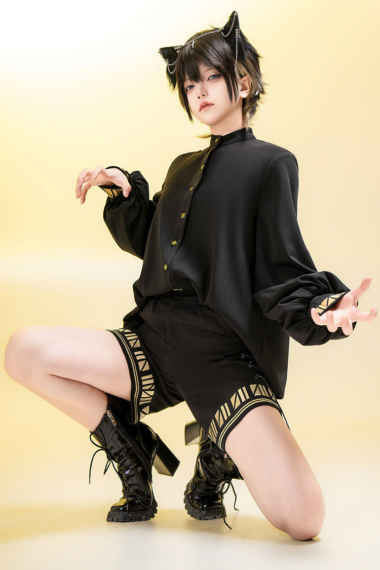 Black [Black Cat] Long Sleeves Print Embroidery Ouji Gothic Prince Handsome Lolita Blouse - Product - 11