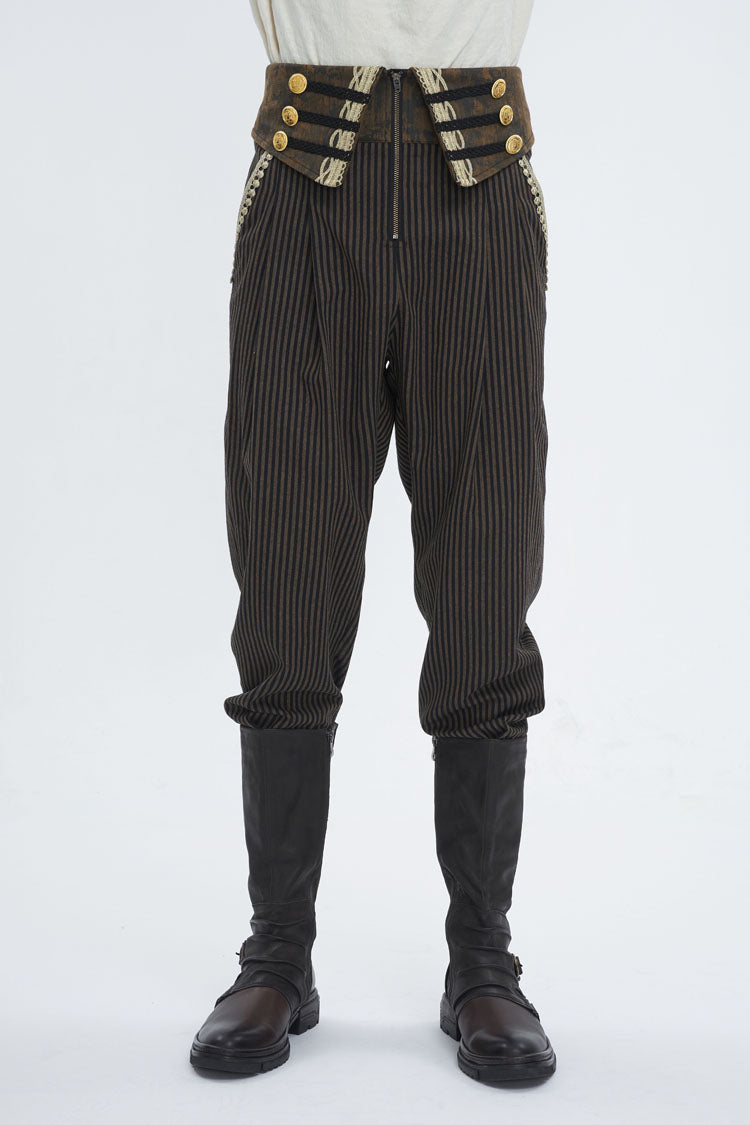 Brown High Waisted Striped  Lace-Up Men's Gothic Pants - Brown - 1