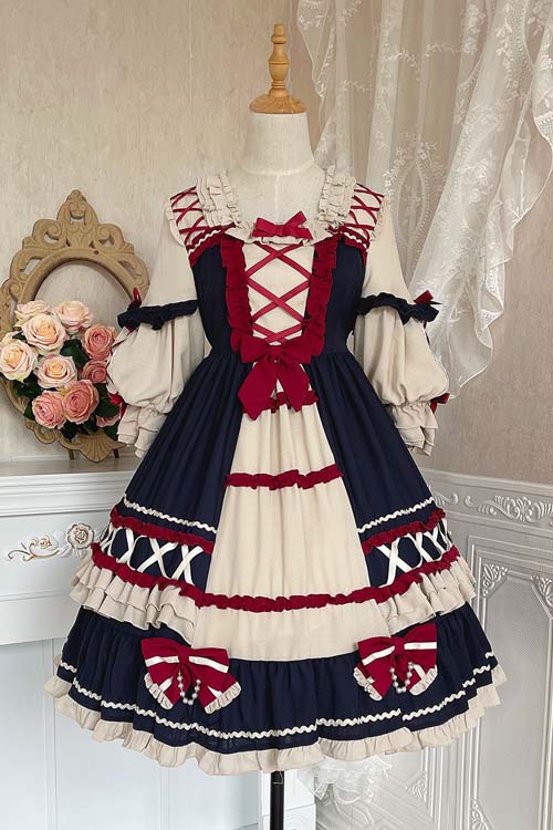 Square Neck Long Sleeve Ruffled Sweet Lolita OP Dress - Navy Blue - 5