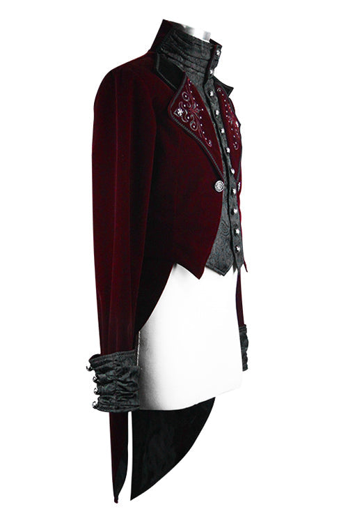 Wine Gothic Palace Embroidered Metal Rivets Dovetail Mens Coat - Product - 5