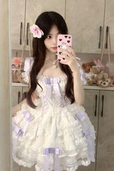 Love Song Multi-Layered Ruffle Hanayome Bowknot Lace Sweet Princess Lolita Jsk Dress 3 Colors - Purple/White - 8
