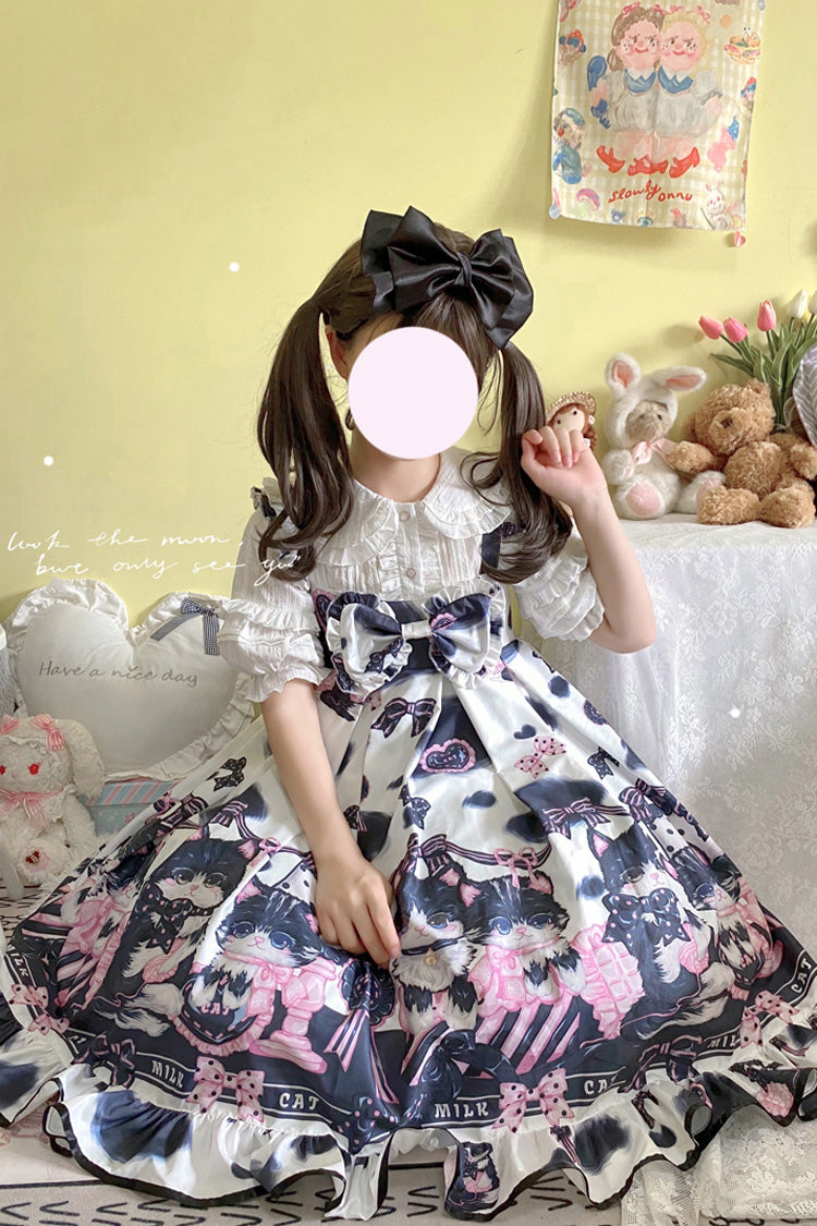 Multi-Color Cow Cat Print Ruffle Bowknot Sweet Lolita Jsk Dress - Product - 5