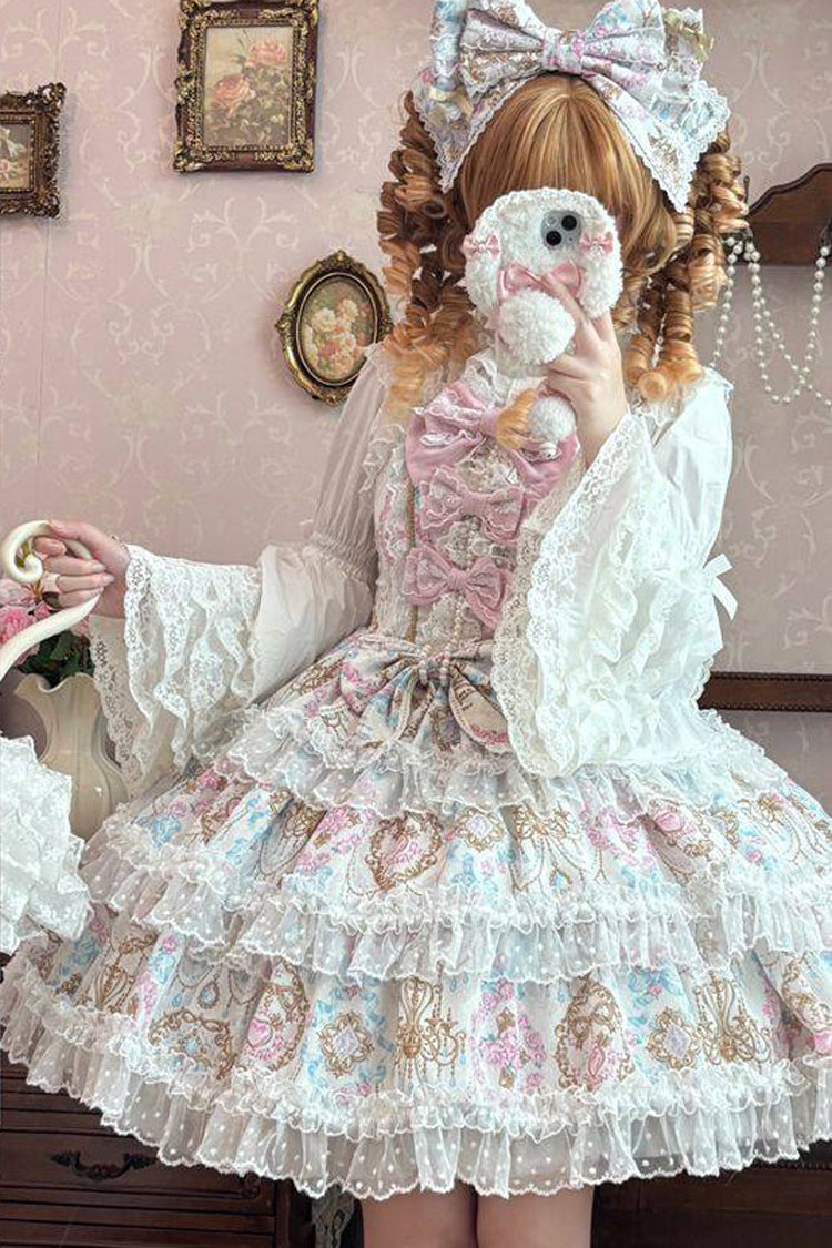 Apricot [Candelabrum Elegy] Sleeveless Triple-Layered Flower Wall Printed Ruffled Bow Lace Sweet Lolita Jsk Dress - Product - 4