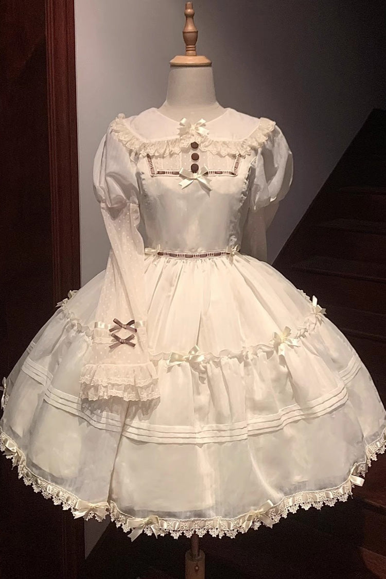 White Lapel Collar Long Sleeves Hollow Sweet Princess Lolita Dress - Product - 5