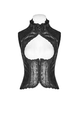 Black Back Waist Lace Up High Collar Front Metal Rivet Chest Hollow-Out Women's Punk Floral Vest - Product - 5