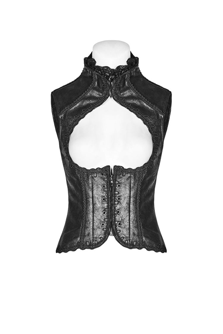 Black Back Waist Lace Up High Collar Front Metal Rivet Chest Hollow-Out Women's Punk Floral Vest - Product - 5