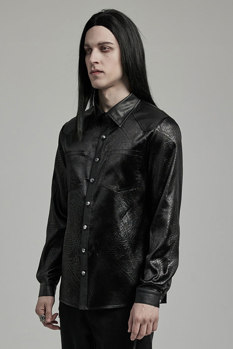 Black Lapel Collar Long Sleeves Faux Leather Men's Gothic Blouse - Product - 2
