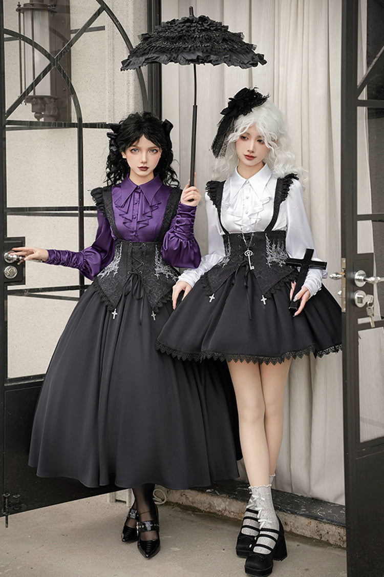 Black [Night of Thorns] Sleeveless Embroidery Lace-Up Gothic Lolita Strap Breast Support Dress 2 Versions - Product - 3