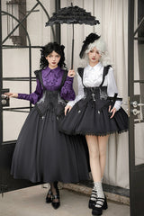 Black [Night of Thorns] Sleeveless Embroidery Lace-Up Gothic Lolita Strap Breast Support Dress 2 Versions - Product - 3