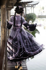 Purple [Violet Gauze Lily] Stand Collar Long Sleeves Ruffled Embroidered Bow Classic Chinese Style Elegant Gorgeous Lolita Dress Set - Product - 4