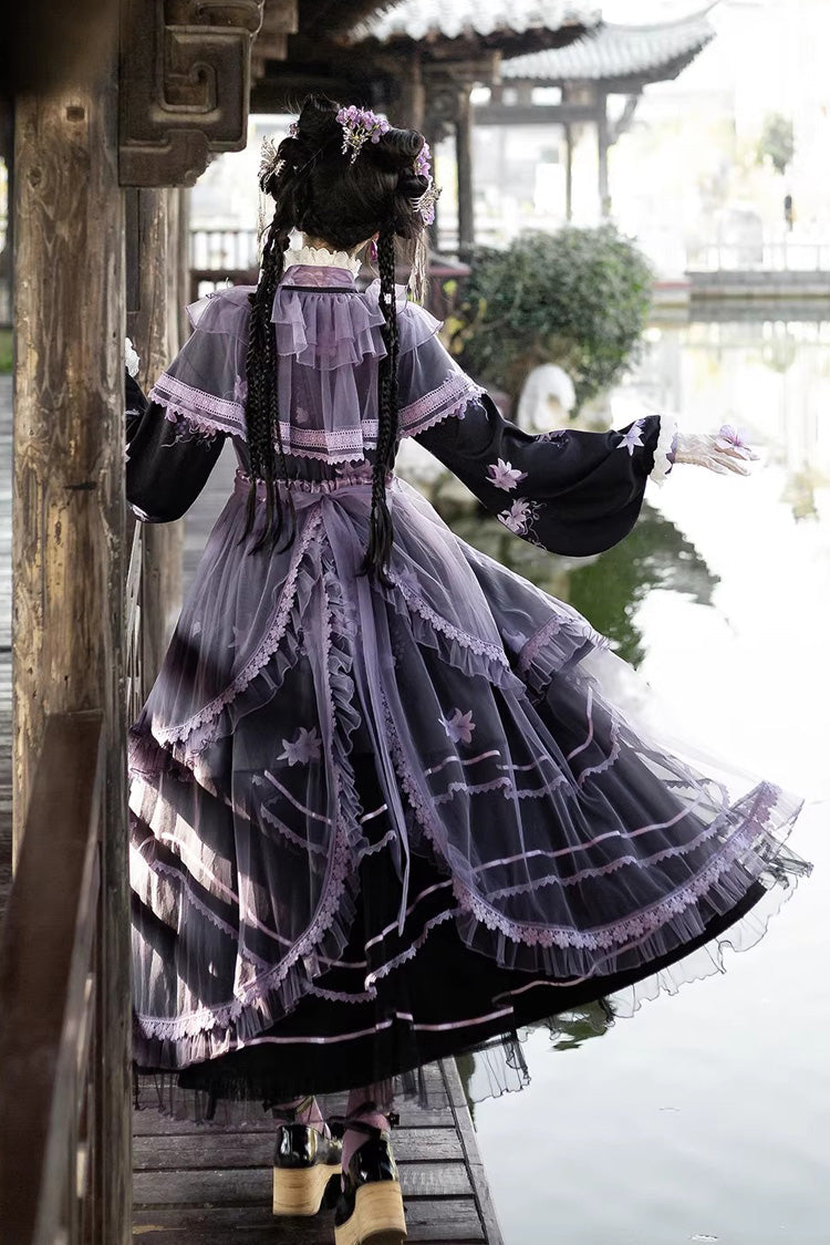 Purple [Violet Gauze Lily] Stand Collar Long Sleeves Ruffled Embroidered Bow Classic Chinese Style Elegant Gorgeous Lolita Dress Set - Product - 4