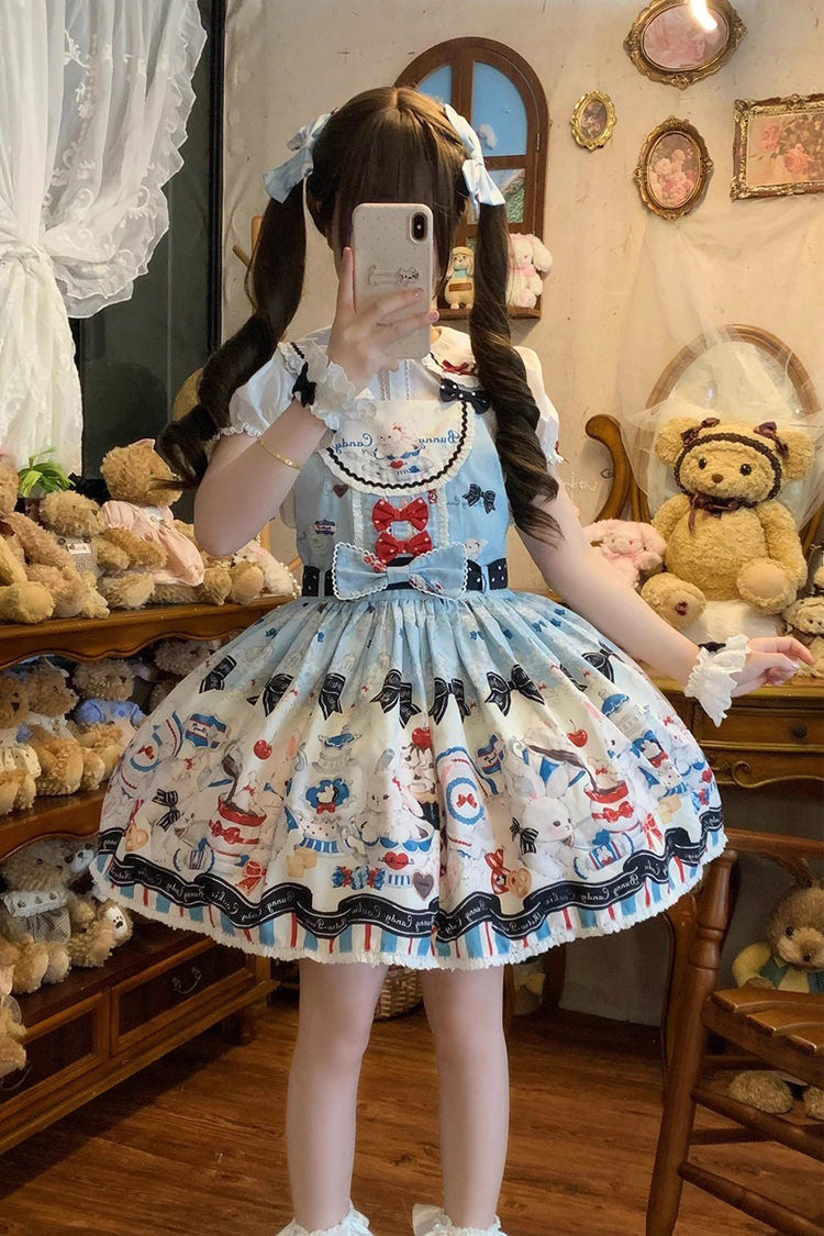 Blue [Mystery Rabbit Tea Party] Sleeveless Print Bowknot Lace Sweet Lolita Strap Dress - Product - 7