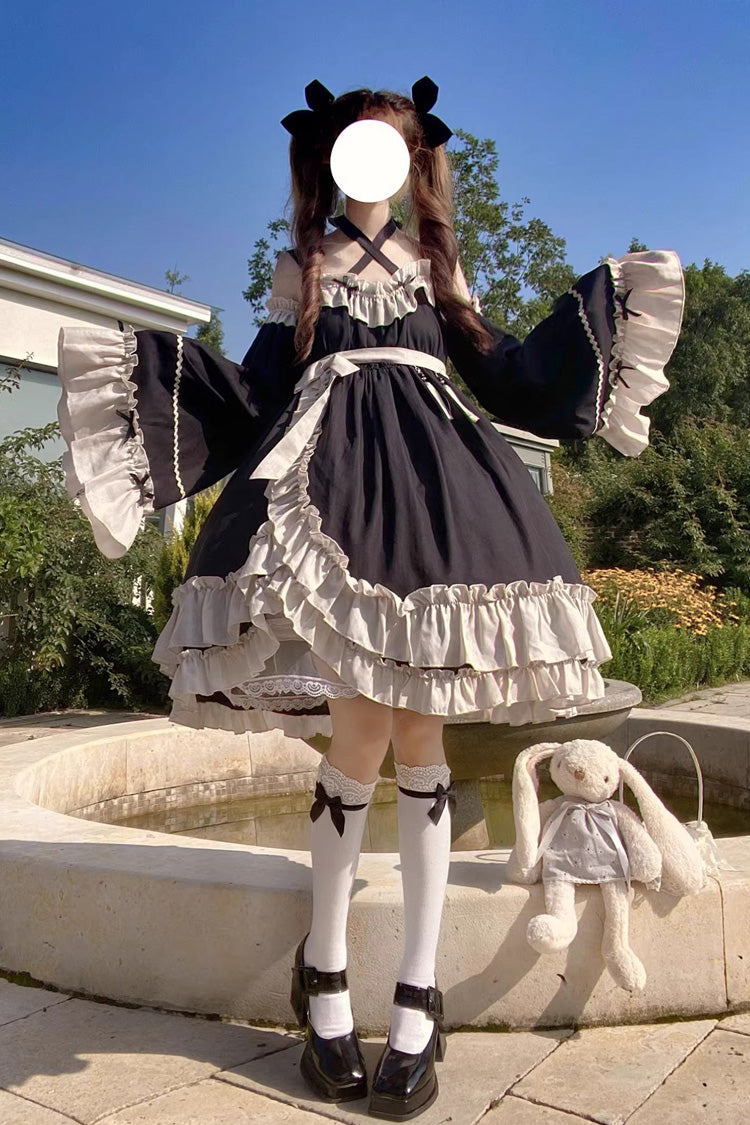 Black [Monet Estate] Sleeveless High Waisted Ruffle Bowknot Asymmetric Gothic Lolita Jsk Dress - Product - 19