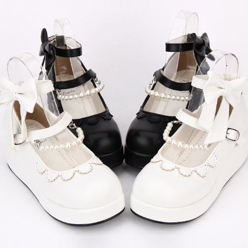 Round toe Bowknot Pearl Chain Classic Lolita Shoes - Product - 6