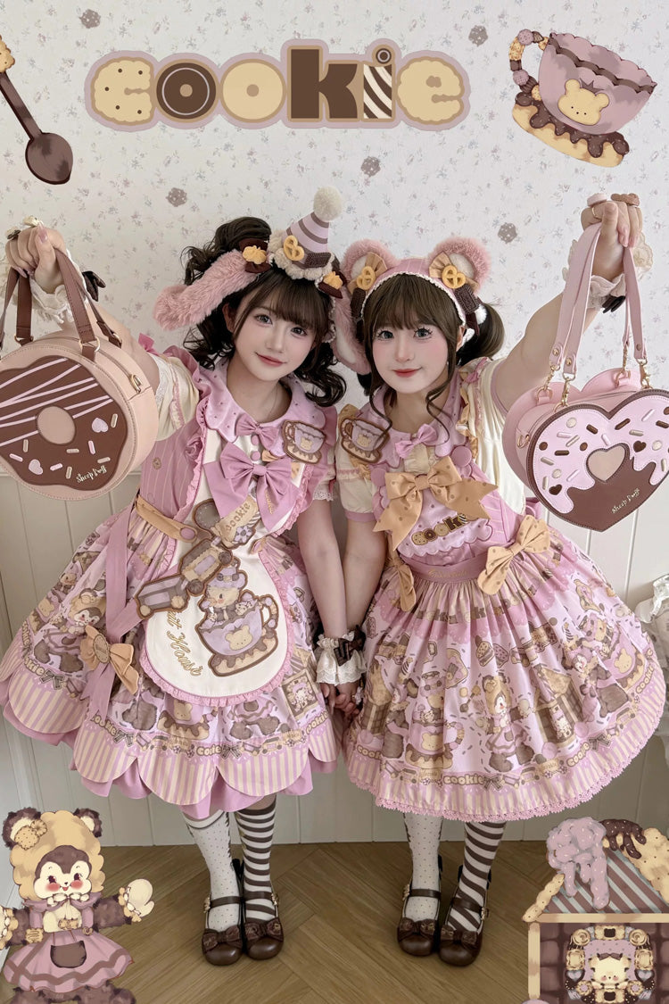 Pink [Teddy Bear Cookie] Strawberry Cream Puff Dessert Printed Bow Plus Size Sweet Lolita Dress Set 3 Versions - Product - 7