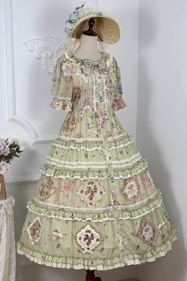 Green [Cat Rose Tea] Short Sleeves Print Ruffle Cardigan Bowknot Sweet Gorgeous Lolita Dress - Product - 14