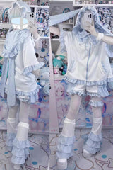 White/Blue Heart Signal Half Sleeves Plaid Print Hooded Sweet Jirai Kei Japanese Coat - Product - 4