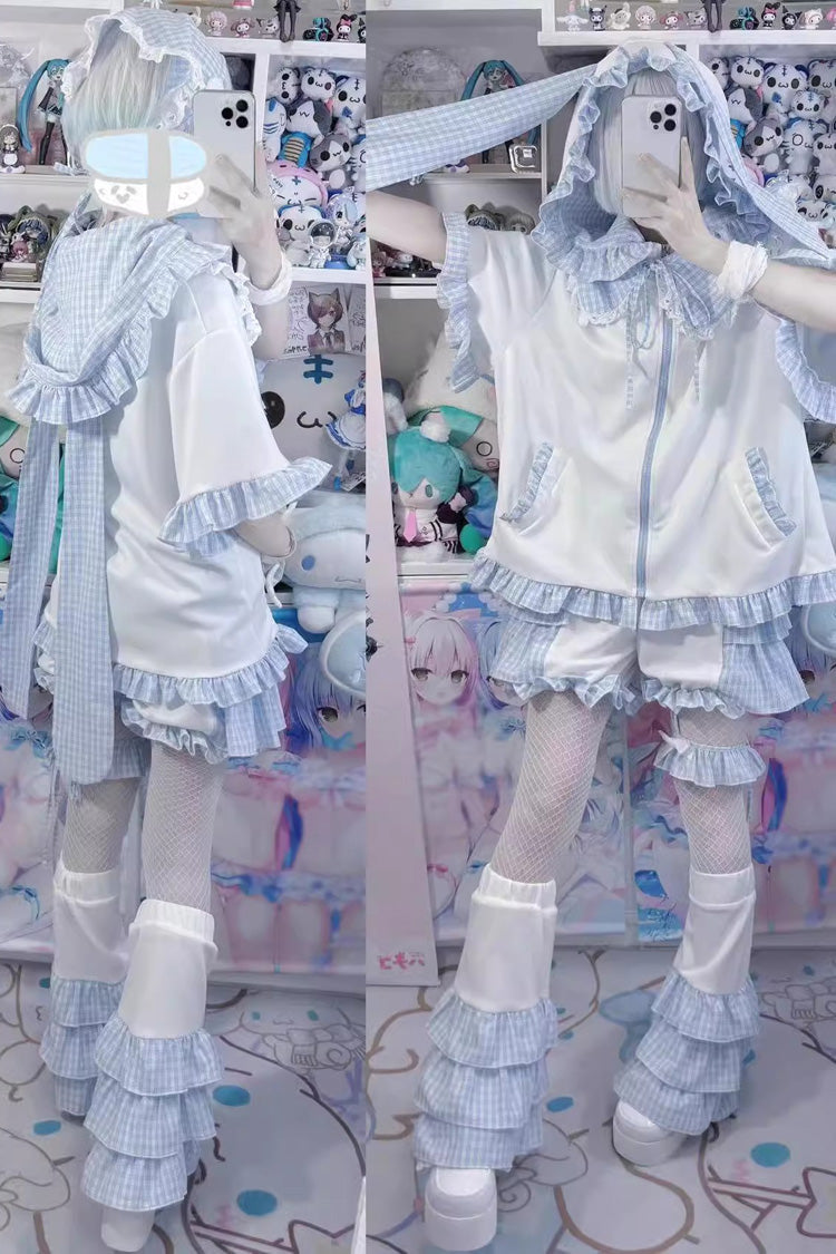 White/Blue Heart Signal Half Sleeves Plaid Print Hooded Sweet Jirai Kei Japanese Coat - Product - 4