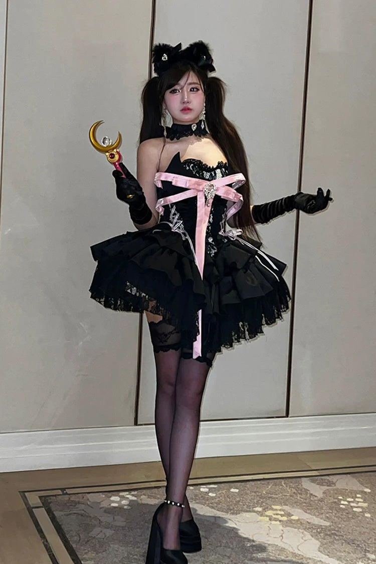 Black [Kitten Sweetheart] Multi-Layered Ruffled Bow Lace-Up Princess Ballet Gothic Lolita Jsk Dress - Product - 11