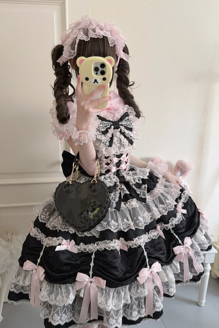 Black/Pink [Silk Satin Gift Box] Square Collar Sleeveless Multi-Layered Ruffled Bow Lace Sweet Lolita Jsk Dress - Product - 6