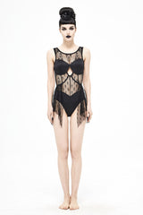Black Lace Stitching Back Cross Strap Lace Up Women's Gothic One Piece Swimsuit - Product - 4