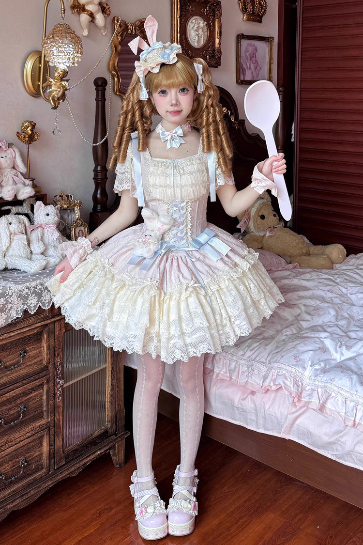 [Goodnight Alice] Sleeveless Ruffled Bow Lace-Up Sweet Lolita Jsk Dress 3 Colors - Product - 21