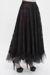 Black/Red Lace Flower Mesh Hem Paneled Ruffles Lace Big Swing Women's Gothic Skirt - Product - 2