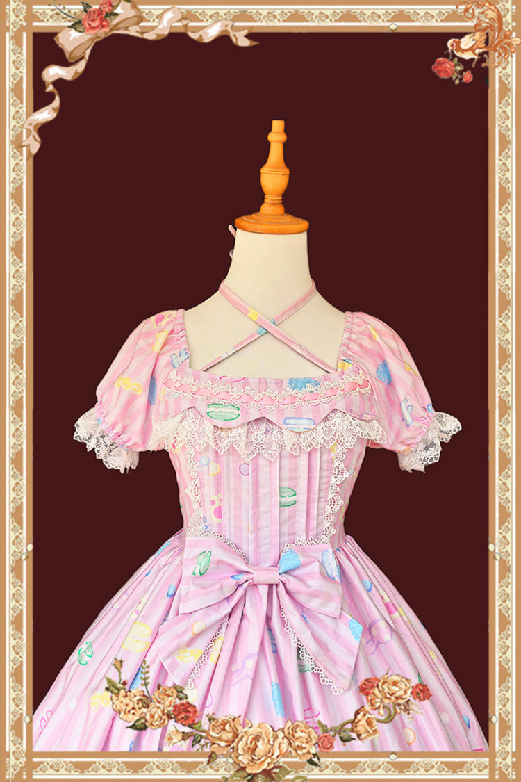 Pink [Macarons Dolly House] Square Collar Short Lantern Sleeves Printed Bow Sweet Lolita Dress - Product - 9