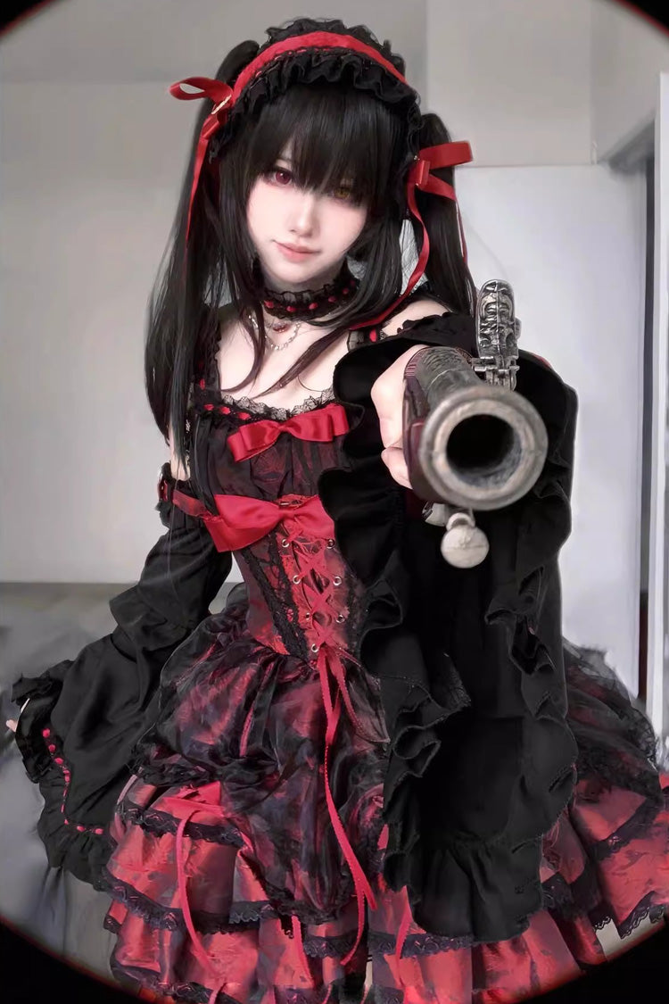 Black/Red Sleeveless Multi-layer Ruffle Bowknot Lace-Up Gothic Princess Lolita Jsk Dress - Product - 5