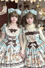 [Chocolate Cake Party] Square Collar Sleeveless Printed Ruffled Bow Daily Sweet Lolita Jsk Dress 2 Colors - Product - 4