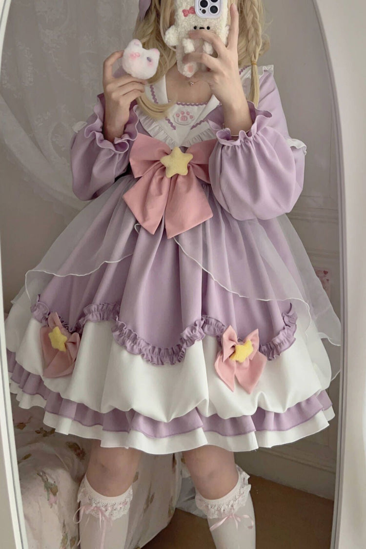 [Pray Star] Long Sleeves Double-Layered Ruffle Bowknot Stitching Lace Sweet Lolita Dress 5 Colors - Purple - 7