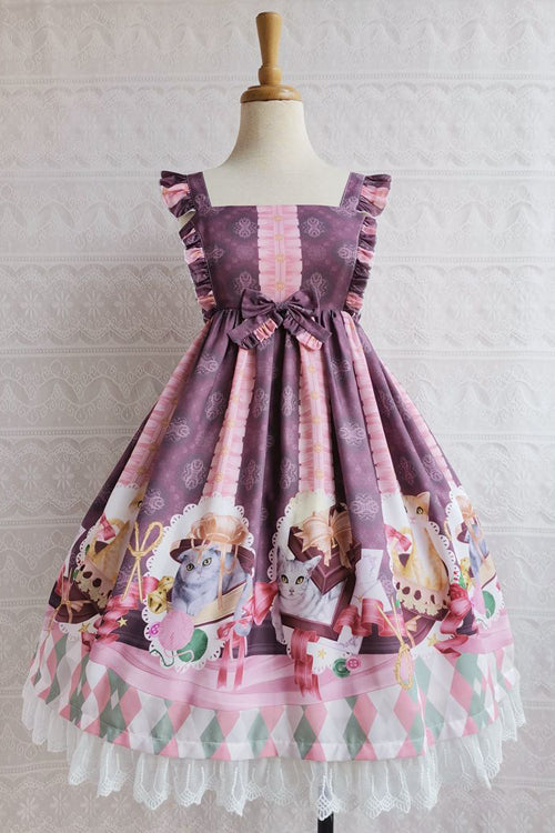 Chocolate Cat Print Ruffled High Waisted Sweet Lolita JSK Dress - Purple - 7