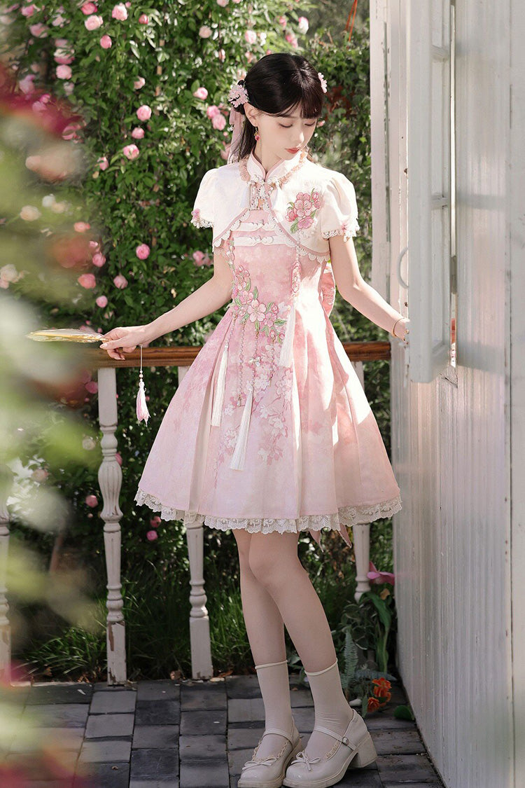 Pink [Whispers on Falling Cherry Blossoms] Printed Embroidered Tassel Sweet Classic Chinese Style Lolita Jsk Dress Set - Product - 6