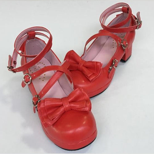 Red Bowknot Circular Buckle Low Heel Lolita Shoes - Product - 2