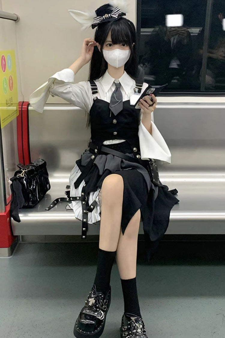 White/Black NSA Agent Gothic Irregular Lolita Skirt Set - Product - 4