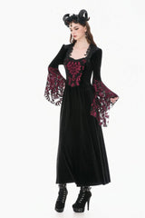 Black/Red Square Collar Long Flare Puff Sleeves Lace Women's Gothic Victorian Velvet Long Dress - Product - 8