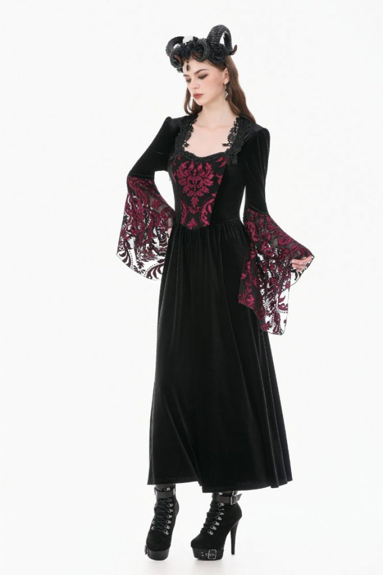 Black/Red Square Collar Long Flare Puff Sleeves Lace Women's Gothic Victorian Velvet Long Dress - Product - 8