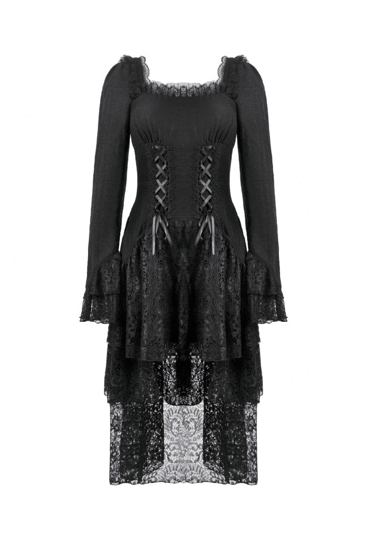 Black Square Collar Long Trumpet Sleeves Lace Lace-Up Multi-Layered High-Low Women's Gothic Dress - Product - 3