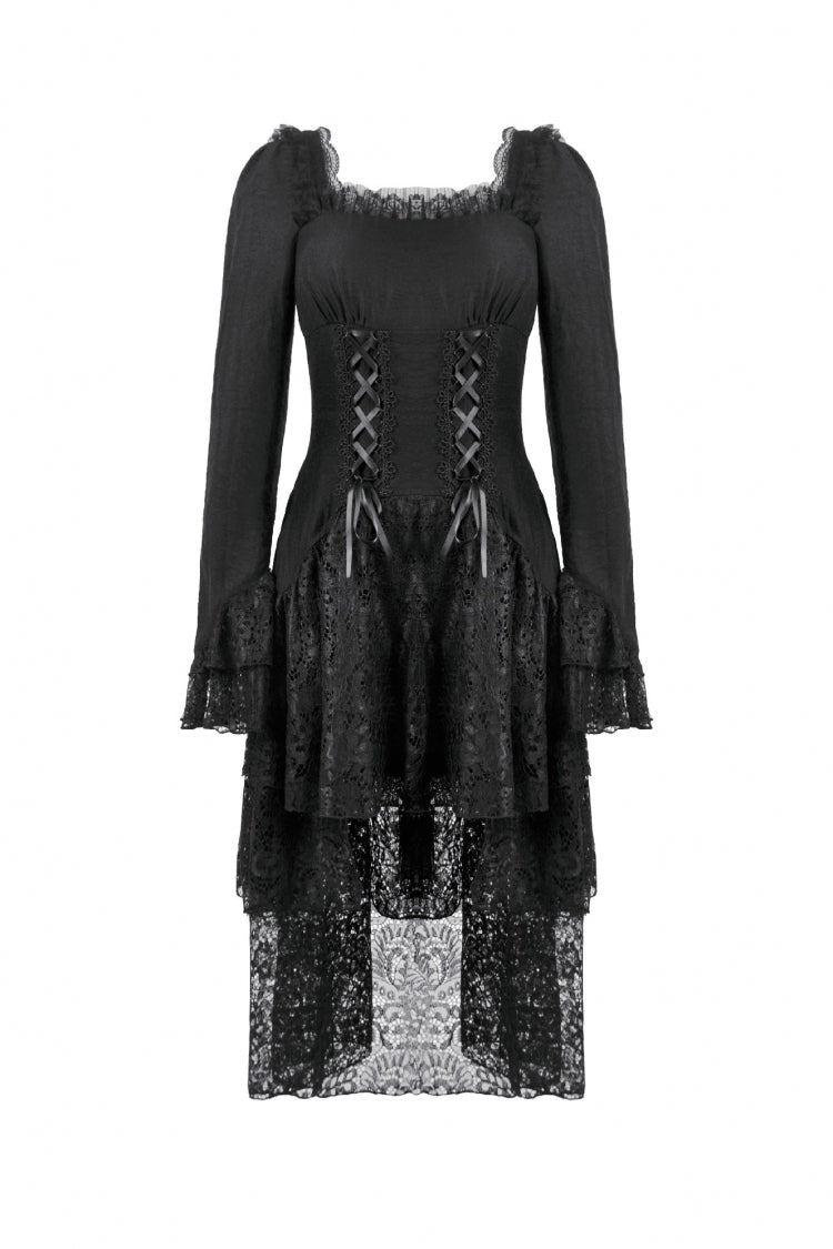 Black Square Collar Long Trumpet Sleeves Lace Lace-Up Multi-Layered High-Low Women's Gothic Dress - Product - 3