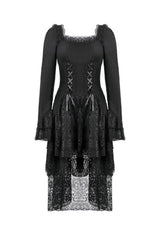 Black Square Collar Long Trumpet Sleeves Lace Lace-Up Multi-Layered High-Low Women's Gothic Dress - Product - 3