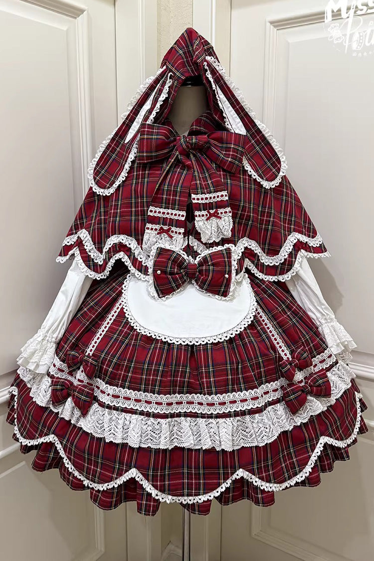 Red [Gingham Petal Bunny] Short Sleeves Printed Ruffled Bow Sweet Lolita OP Dress - Product - 21