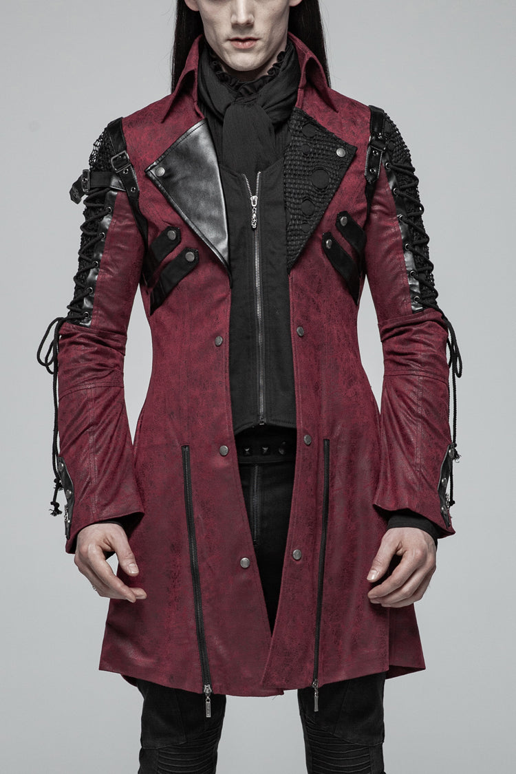 Red Metal Buckle Decoration Zipper Mens Steampunk Windbreaker Coat - Red - 1