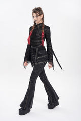 Black Stand Collar Long Sleeves Mesh Buckle Straps Women's Punk Blouse - Product - 11