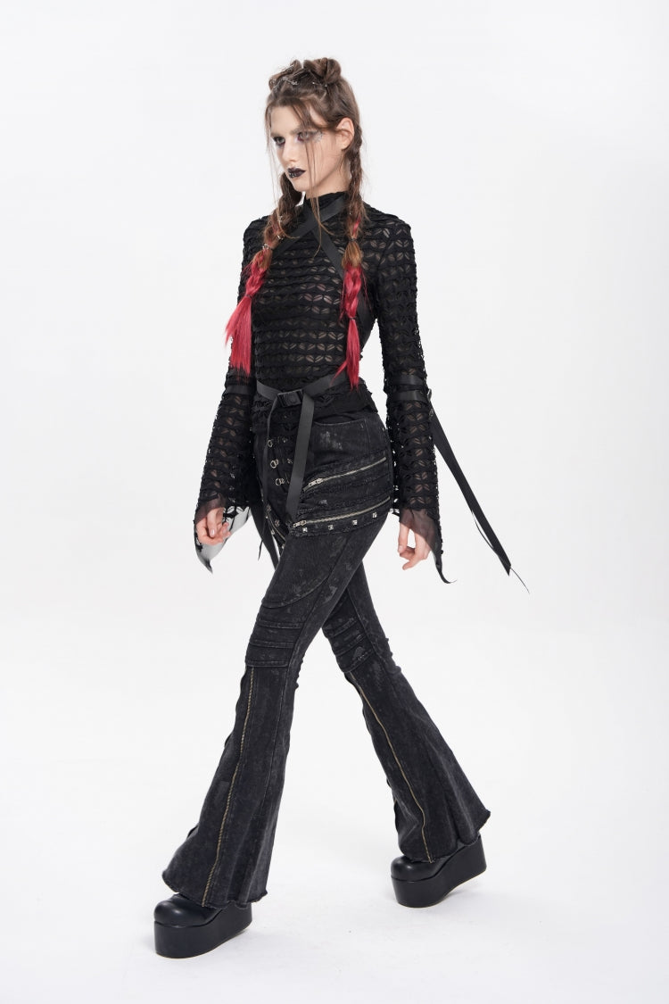 Black Stand Collar Long Sleeves Mesh Buckle Straps Women's Punk Blouse - Product - 11