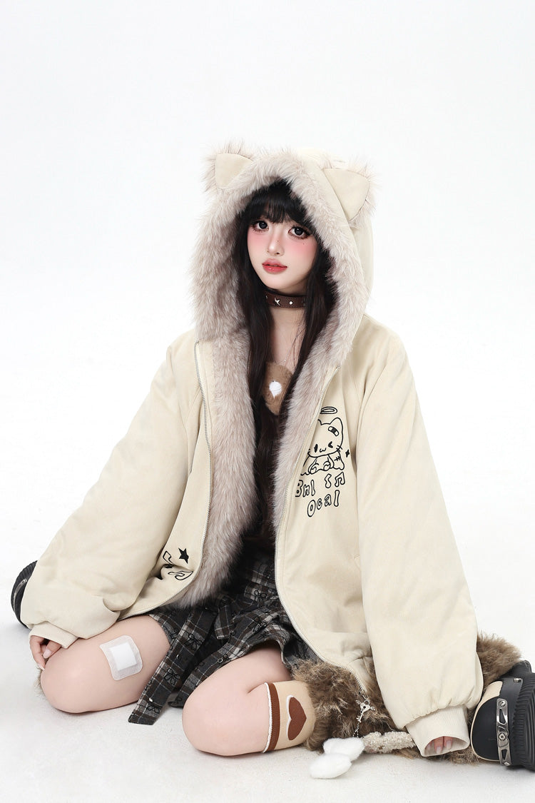 [First Generation Cute] Long Sleeves Print Cat Ear Hooded Zipper Sweet Lolita Coat 2 Colors - Product - 14