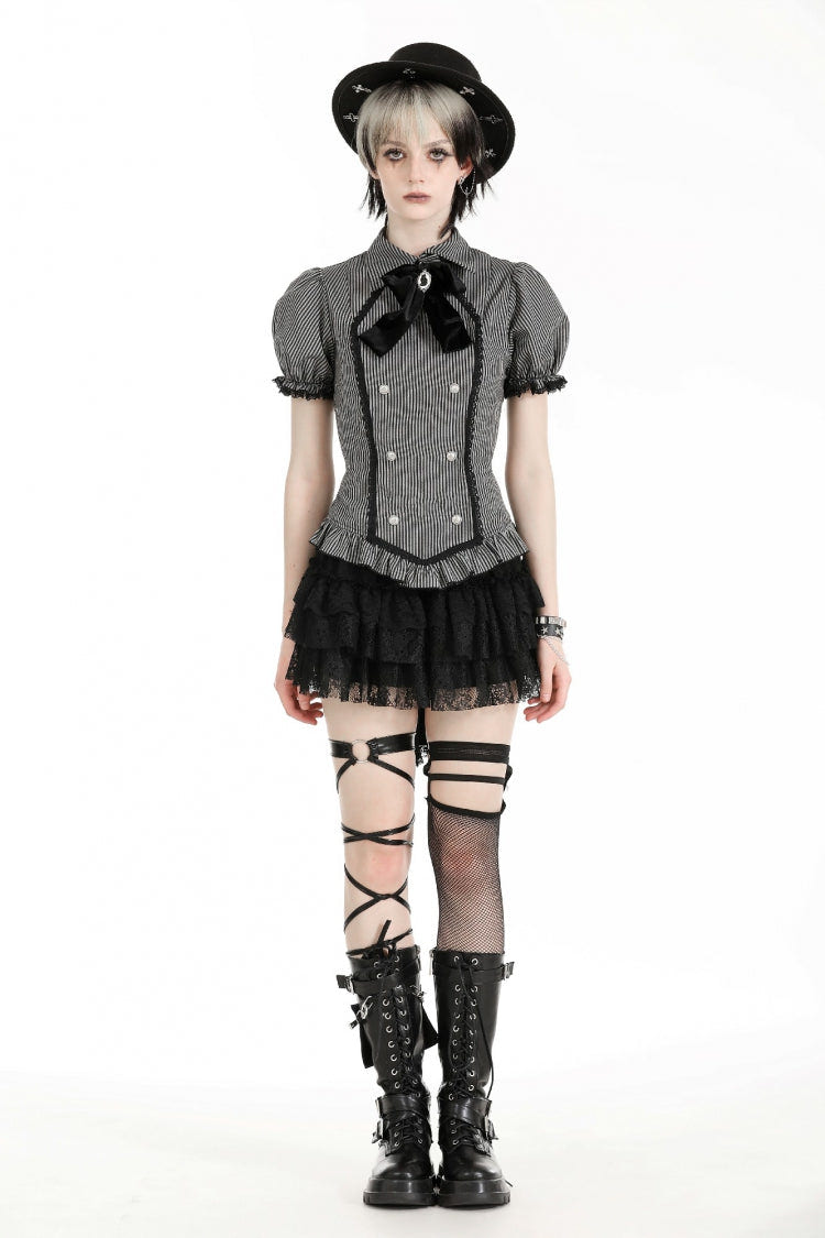 Black/Grey Short Puff Sleeves Lace-Up Striped Double-Breasted Women's Gothic College Style Blouse - Product - 5
