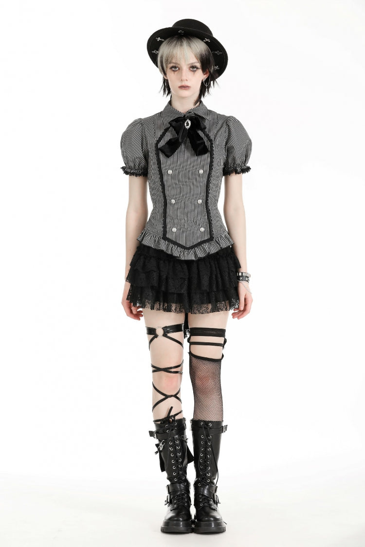 Black/Grey Short Puff Sleeves Lace-Up Striped Double-Breasted Women's Gothic College Style Blouse - Product - 5