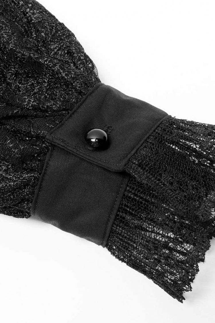 Black Lapel Collar Long Puff Sleeves Hollow Embroidery Womens Gothic Blouse - Product - 5