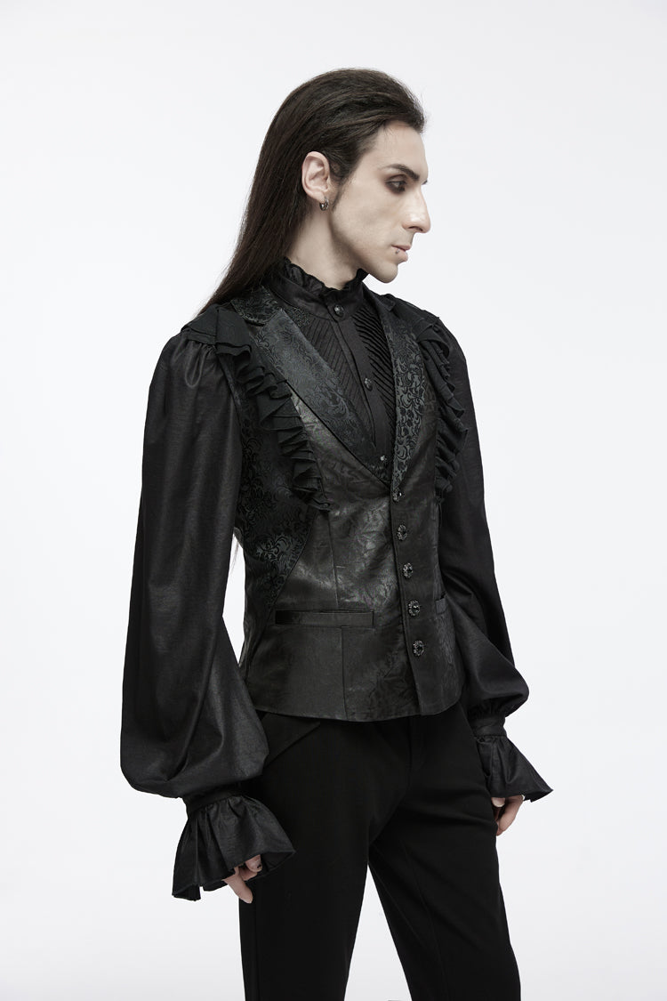 Black Sleeveless Buckle-up Ruffle Men's Gothic Vest - Product - 5